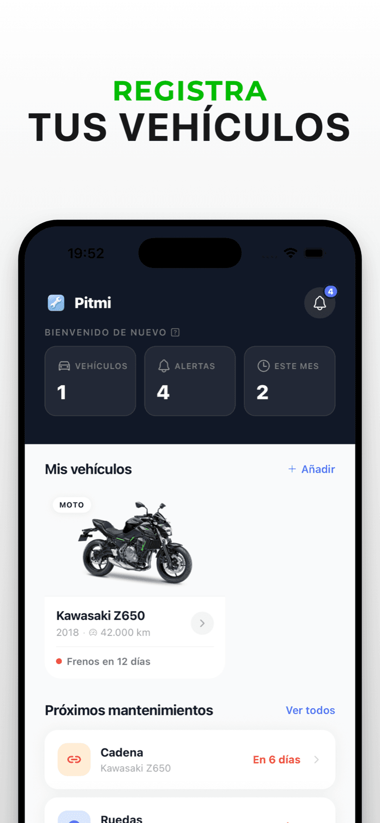 Pantalla de detalle de vehículo en Pitmi con mantenimientos, fechas y datos del coche organizados en una vista de seguimiento
